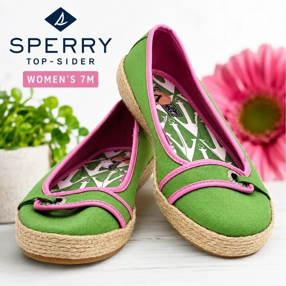 NWOB Sperry Top-Sider Espadrille Ballet Flats Green Pink Canvas Women's 7M Shoes
